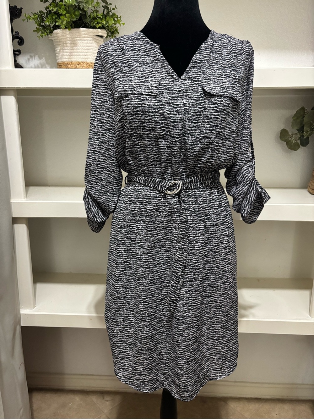 Belted Black and White Midi Dress
